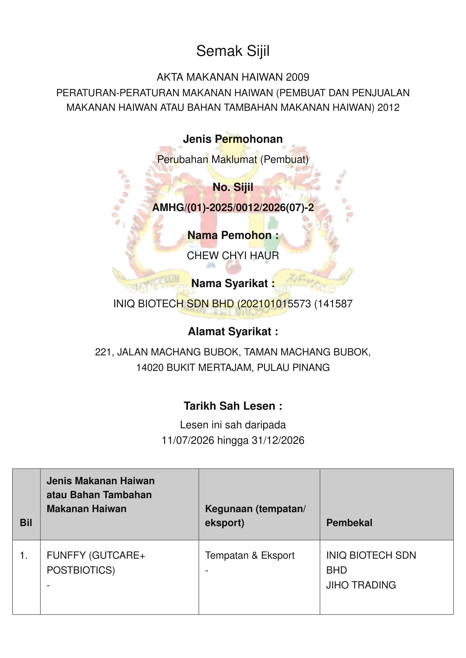 DVS certificate listing FUNFFY GutCare+ Postbiotics