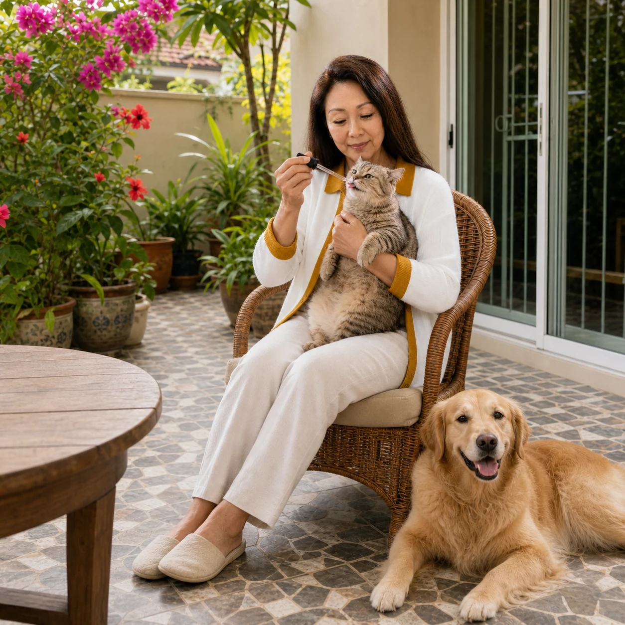 An older woman caring for her cat beside a happy resting golden retriever