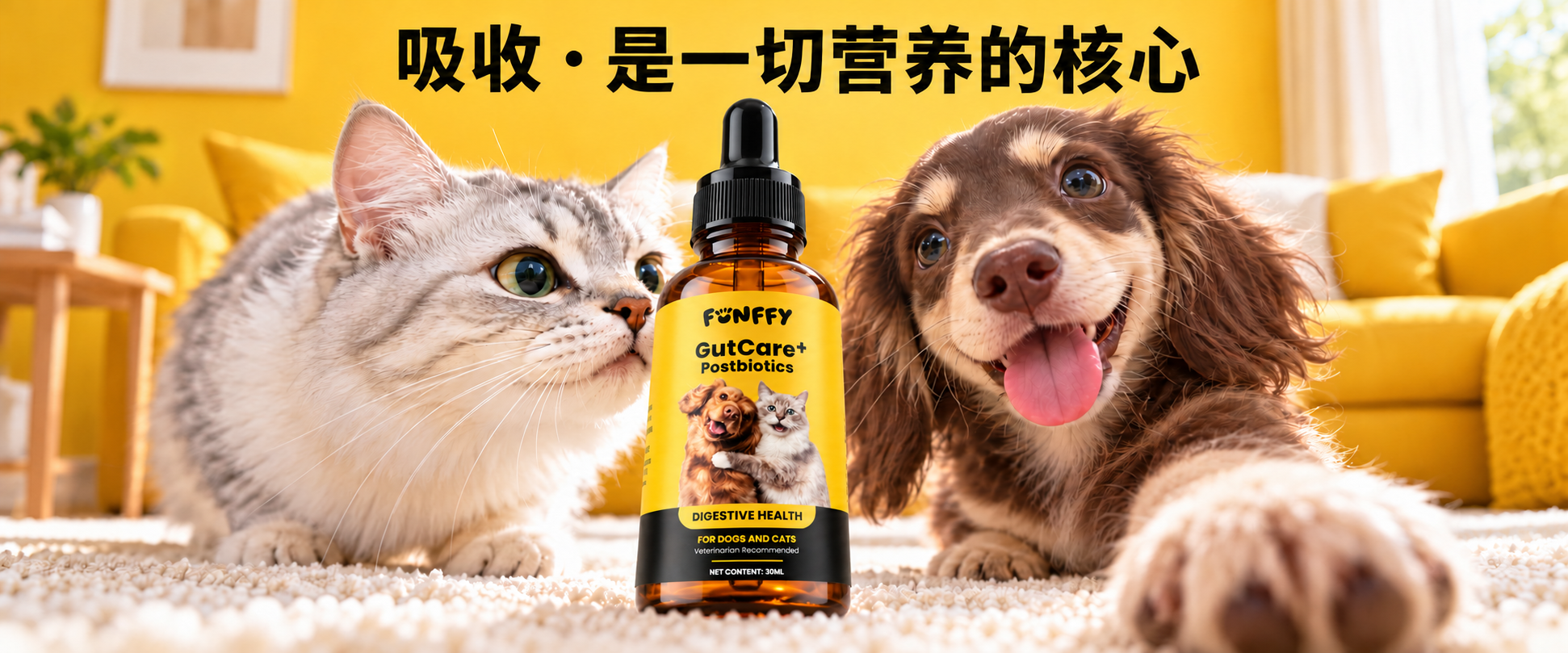 FUNFFY GutCare+ between a curious cat and a happy dog in a warm yellow home, with the message Absorption is the core of all nutrition