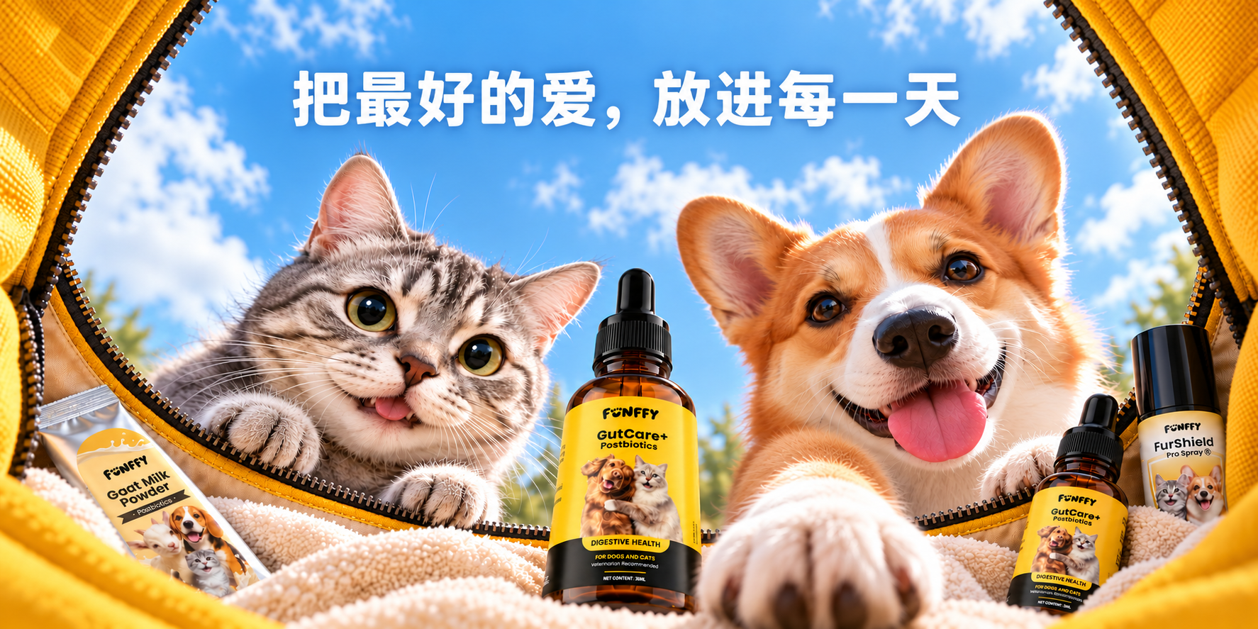 A happy dog and cat with FUNFFY products and the message: put the best love into every day