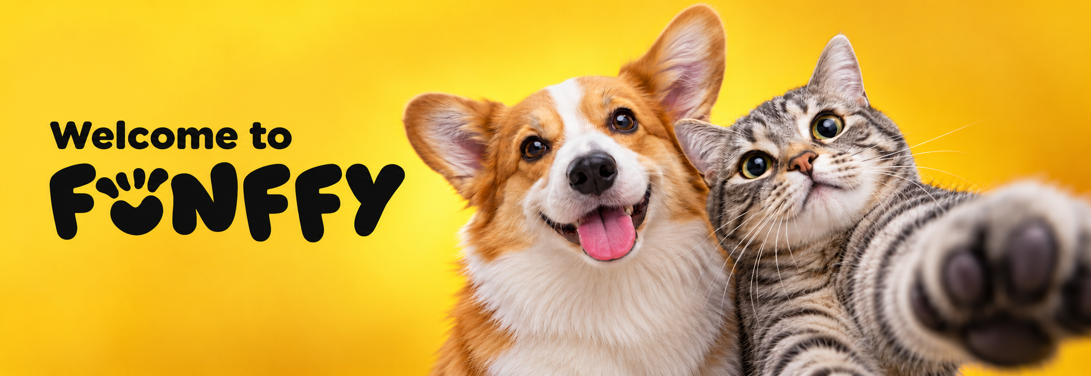 A happy corgi and grey tabby cat welcoming visitors to FUNFFY